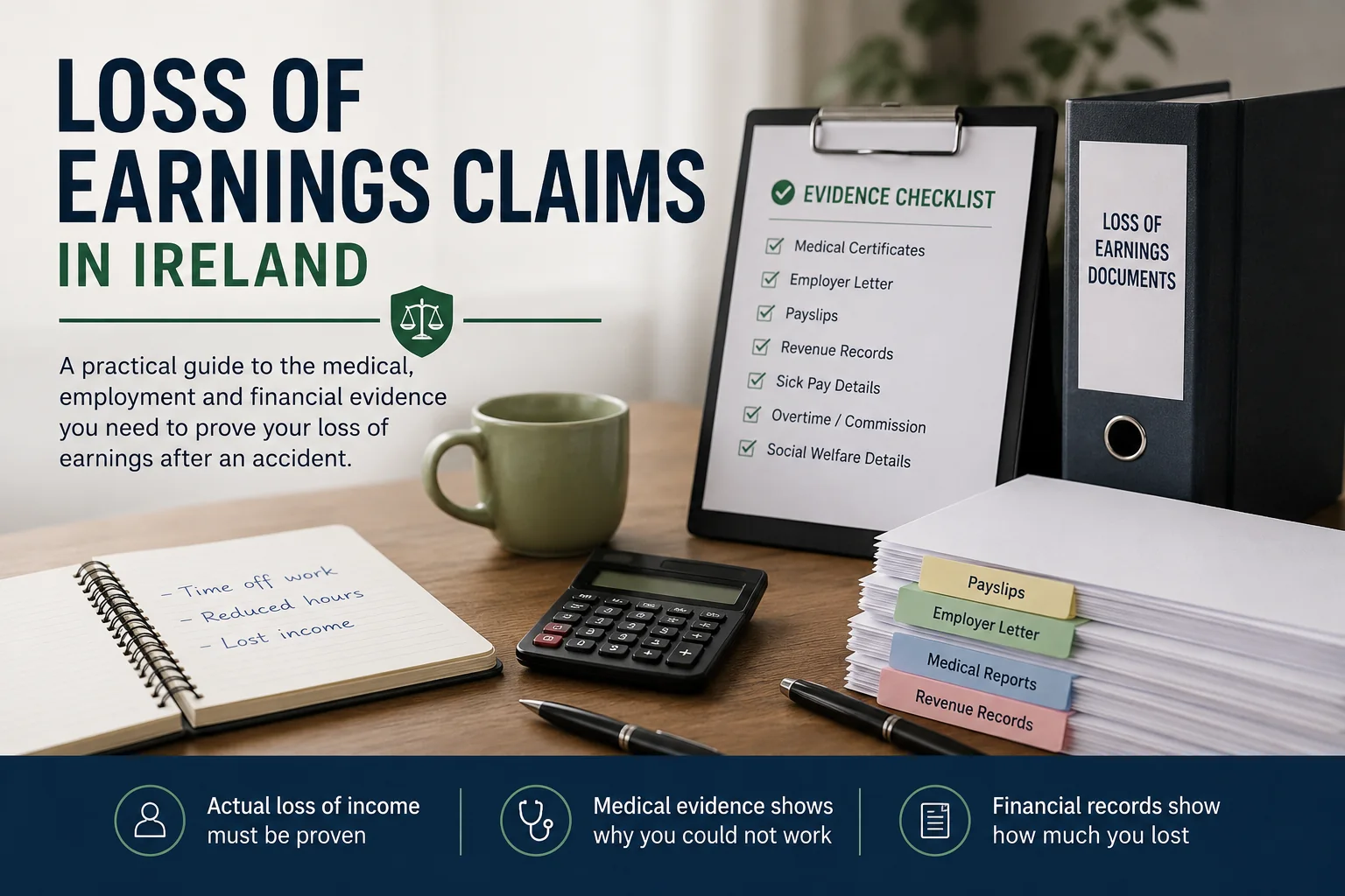 Loss of earnings claims in Ireland evidence checklist showing medical certificates, employer letter, payslips and Revenue records.